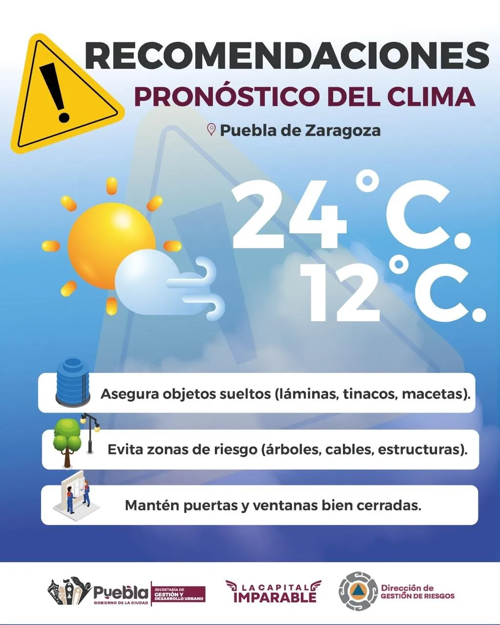 Autoridades municipales emiten medidas preventivas ante pronóstico de vientos en Puebla