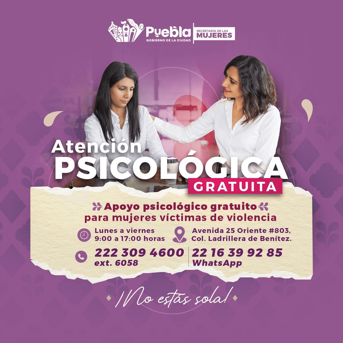 Puebla capital refuerza servicios gratuitos de apoyo jurídico y psicológico para mujeres