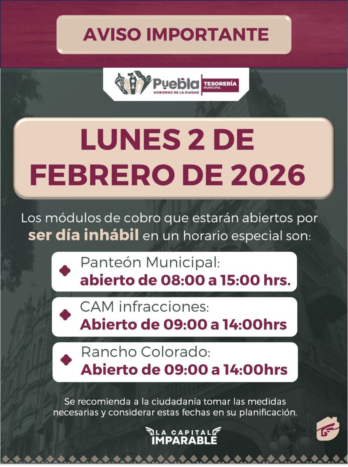 Habrá horario especial en módulos de cobro municipales este 2 de febrero